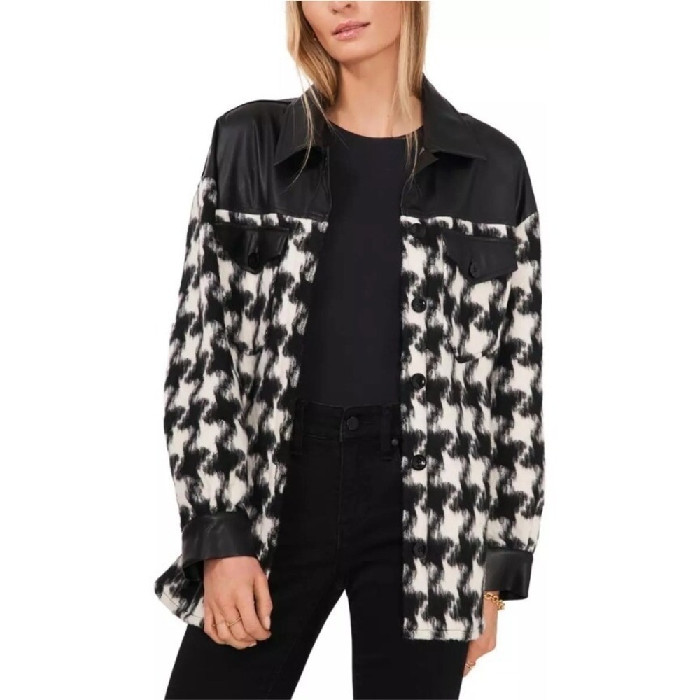 Vince Camuto Houndstooth Shacket Faux Leather Trim Jacket Button Down L NWT $149